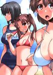  beach bikini black_hair breast_envy breasts brown_eyes brown_hair choker collarbone day front-tie_top girls_und_panzer grin highres kadotani_anzu kawashima_momo koyama_yuzu large_breasts long_hair looking_at_viewer multiple_girls navel one-piece_swimsuit open_mouth red_bikini school_swimsuit shinshin short_hair smile swimsuit twintails white_bikini 