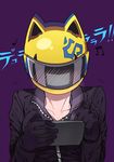  animal_helmet beamed_sixteenth_notes black_bodysuit blush bodysuit cellphone celty_sturluson durarara!! gloves helmet highres luo. motion_blur musical_note phone quarter_note smartphone solo upper_body 