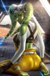  1girl alien ass ayya_sap belt blush brown_gloves clothing_cutout colored_skin cropped_shirt gloves goggles goggles_on_headwear green_eyes green_skin hera_syndulla kneeling lekku_(anatomy) looking_at_viewer looking_back shirt shoulder_cutout sitting soles solo spacecraft_interior star_wars star_wars:_rebels stirrup_legwear toeless_legwear twi&#039;lek wariza white_belt white_shirt yellow_overalls 