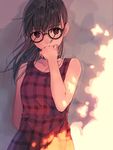  bad_id bad_pixiv_id bangs bare_arms black_hair brown_eyes checkered checkered_dress choker covered_mouth dress eyebrows_visible_through_hair glasses hand_on_own_face hand_to_own_mouth hidden_mouth hime_kyun_fruit_can long_hair looking_at_viewer natsu_natsuna okumura_mayuri real_life solo upper_body 
