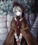  &gt;:( bangs bloodborne bonnet centon_(736023681) cloak copyright_name doll_joints flower frown green_eyes long_skirt long_sleeves looking_at_viewer plain_doll puffy_long_sleeves puffy_sleeves rose silver_hair skirt solo stone_wall swept_bangs upper_body v-shaped_eyebrows v_arms wall 