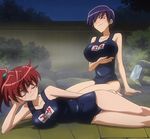  2girls anger_vein angry bare_shoulders blue_hair blush breast_hold breasts eyes_closed hirano_miwa izumi_eiko kamen_no_maid_guy large_breasts lying multiple_girls night on_side red_hair screencap sitting stitched swimsuit 