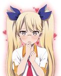  blonde_hair blush cyan_(show_by_rock!!) glasses hair_ribbon hands_on_own_face heart long_hair looking_at_viewer mattaku_mousuke necktie open_mouth red_neckwear reflection retoree ribbon school_uniform show_by_rock!! solo twintails upper_body yellow_eyes 