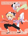  alternate_costume alternate_headwear animal_ears animal_hood bad_id bad_pixiv_id bat_wings blonde_hair blue_hair blush bow bowtie chinese_clothes crystal fake_animal_ears fighting_stance flandre_scarlet full_body highres hood leg_up long_sleeves looking_at_viewer multiple_girls open_mouth outstretched_arms panda_ears pants pose red_background red_eyes remilia_scarlet shinoba shirt shoes short_hair side_ponytail sleeves_past_wrists smile standing standing_on_one_leg touhou tsurime vest wide_sleeves wings yie_ar_fan_club_(vocaloid) 