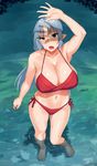  arm_up armpits barefoot bikini blue_hair blush breasts fang full_body highres horn huge_breasts long_hair navel obmas_(pfeito) oni open_mouth original pointy_ears red_bikini shading_eyes side-tie_bikini solo swimsuit wading water wet 