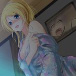  amagami_(makise_tsubaki) ayase_eli bad_id bad_pixiv_id bare_shoulders blonde_hair blue_eyes blush breasts cleavage japanese_clothes kimono long_hair love_live! love_live!_school_idol_project medium_breasts off_shoulder open_mouth ponytail smile solo sonoda_umi yukata 