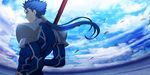  aora blue_hair closed_eyes fate/stay_night fate_(series) lancer long_hair male_focus moon ponytail sky solo 