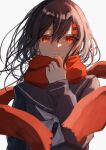  1girl black_hair black_sailor_collar black_serafuku enpera floating_scarf fringe_trim hair_ornament hairpin highres kagerou_project long_hair long_scarf long_sleeves looking_at_viewer neckerchief red_eyes red_scarf saikisaika sailor_collar scarf school_uniform serafuku simple_background single_stripe solo tateyama_ayano white_background white_neckerchief white_stripes 