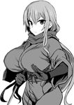  &gt;:( asanagi bad_id bad_twitter_id breasts dragon_yukano frown gloves greyscale holding holding_sword holding_weapon huge_breasts japanese_clothes katana long_hair monochrome ninja_slayer reverse_grip scarf simple_background solo sword upper_body v-shaped_eyebrows weapon white_background 