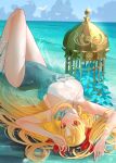  1girl absurdres arms_up birdcage blonde_hair blue_one-piece_swimsuit blue_sky blush breasts cage closed_mouth cloud commentary_request covered_navel day ereshkigal_(fate) fate/grand_order fate_(series) frilled_one-piece_swimsuit frills hair_ribbon highleg highleg_one-piece_swimsuit highres knees_up large_breasts light_(nightty45) long_hair looking_at_viewer lying nose_blush o-ring o-ring_swimsuit ocean on_back one-piece_swimsuit outdoors partially_submerged red_eyes red_ribbon ribbon sky solo space_ereshkigal_(fate) space_ereshkigal_(first_ascension)_(fate) swimsuit two-tone_one-piece_swimsuit two-tone_swimsuit two_side_up upside-down water wet white_one-piece_swimsuit 
