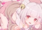  1girl :d absurdres animal_ears blush breasts brown_cardigan cardigan cat_ears cat_girl cat_tail cleavage coin commentary_request cream_(nipakupa) double-parted_bangs downblouse fish_hair_ornament full_body gold grey_hair hair_ornament highres indie_virtual_youtuber jingle_bell_earrings koban_(gold) koban_neko long_sleeves medium_breasts miniskirt nervous_smile open_cardigan open_clothes pink_skirt pleated_skirt red_eyes shirt sidelocks skirt sleeveless sleeveless_shirt smile solo tail teeth top-down_bottom-up upper_teeth_only virtual_youtuber white_shirt 