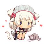  :&gt; animal_ears apron blue_eyes blush cat cat_ears cat_tail chibi commentary eventh7 heart maid maid_headdress nekopara original simple_background sketch solo squatting tail white_hair 