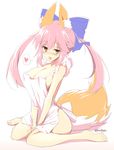  animal_ears apron barefoot blush bow breasts fate/extra fate_(series) fox_ears fox_tail hair_bow heart kurikara large_breasts long_hair naked_apron open_mouth pink_hair ribbon sitting smile solo spoken_heart tail tamamo_(fate)_(all) tamamo_no_mae_(fate) twintails twitter_username v_arms wariza yellow_eyes 