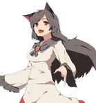  animal_ears black_hair brooch dress fang hasebe_yuusaku imaizumi_kagerou jewelry long_hair long_sleeves looking_at_viewer open_mouth red_eyes simple_background smile solo touhou white_background wide_sleeves wolf_ears 