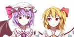  asymmetrical_hair bat_wings blonde_hair blush crystal flandre_scarlet hat hat_ribbon image_sample lavender_hair looking_at_another minust mob_cap multiple_girls no_hat no_headwear puffy_sleeves red_eyes remilia_scarlet ribbon short_hair siblings side_ponytail simple_background sisters slit_pupils smile touhou twitter_sample upper_body vest white_background wings 
