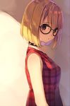  bad_id bad_pixiv_id bare_arms bespectacled blonde_hair checkered checkered_dress choker dress from_side glasses hime_kyun_fruit_can kono_honoka looking_at_viewer natsu_natsuna real_life red_eyes short_hair solo spiked_choker spikes 