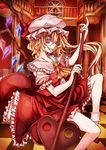  ascot asymmetrical_hair bad_id bad_pixiv_id blonde_hair checkered checkered_floor crazy_eyes crystal evil_smile fang flandre_scarlet frills hat hat_ribbon highres indoors jpeg_artifacts kenzaki_raki laevatein looking_at_viewer mob_cap open_mouth ponytail puffy_sleeves red_eyes ribbon shirt short_sleeves side_ponytail skirt skirt_set smile socks solo touhou upskirt vest white_legwear wings 