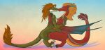 absurd_res anthro blue_eyes breast_squish breasts butt claws crouching dinosaur dragon dromaeosaurid duo european_mythology eztli_(user_55) feathers feet female female/female green_body hair hi_res horn hug kaputotter kissing melody_(user_55) membrane_(anatomy) membranous_wings mythological_creature mythological_scalie mythology nude prehistoric_species red_body reptile scales scalie simple_background smile squish stripes tail theropod toes velociraptor western_dragon wings wyvern yellow_eyes