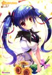  absurdres blue_hair breasts flower highres medium_breasts mikeou purple_eyes school_uniform short_hair skirt smile solo sunflower twintails 