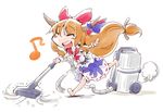  bow chain closed_eyes eighth_note hair_bow horn_ribbon horns ibuki_suika long_hair musical_note open_mouth orange_hair ribbon shinapuu sketch smile solo touhou vacuum_cleaner 
