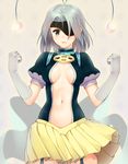  .hack//link 1girl antennae bad_id bad_pixiv_id breasts cleavage elbow_gloves eventh7 eyepatch gloves green_eyes grey_hair highres klarinette_(.hack//) medium_breasts navel open_clothes pleated_skirt short_hair skirt solo stomach 