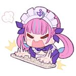  1girl =_= ^^^ anchor_print anchor_symbol blue_bow blue_bowtie blue_dress blue_hair blue_ribbon bow bowtie chibi chibi_only colored_inner_hair commentary_request computer_keyboard cropped_torso dress drill_hair hair_ribbon hololive long_hair maid_headdress minato_aqua minato_aqua_(1st_costume) multicolored_hair nosir_onadat official_art open_mouth puff_of_air purple_hair ribbon simple_background solo twin_drills twintails two-tone_hair upper_body virtual_youtuber white_background white_headdress 