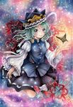  bug butterfly colored_pencil_(medium) green_hair grey_eyes hat hat_ribbon insect juliet_sleeves long_sleeves mosho puffy_sleeves ribbon shiki_eiki shirt skirt skirt_set smile solo touhou traditional_media vest watercolor_(medium) 