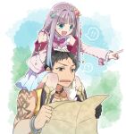 ! 1boy 1girl :d arm_tattoo atelier_(series) atelier_lulua black_eyes black_hair blue_eyes blue_hair blue_skirt blunt_bangs carrying commentary_request elmerulia_fryxell furrowed_brow gradient_hair grey_hair hair_ornament hand_on_another&#039;s_head heart heart_hair_ornament holding holding_map jacket karasumi_(aiseec) long_hair long_sleeves looking_at_another map map_(object) multicolored_hair nicodemus_david_dieter open_mouth outstretched_arm pink_jacket pleated_skirt pointing short_hair shoulder_carry skirt smile spoken_exclamation_mark tattoo v-shaped_eyebrows 