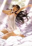  ;o absurdres arm_up armpits bare_legs barefoot bed_sheet breasts brown_hair chemise cleavage fate/stay_night fate_(series) floating_hair full_body green_eyes highres light_rays long_hair medium_breasts mikazuki_akira! nightgown on_bed one_eye_closed open_mouth scan see-through_silhouette sitting solo stretch sunlight toosaka_rin wariza yawning 