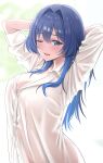  1girl ;d amyu_(amm_asl_pa) arms_behind_head arms_up blue_eyes blue_hair blush breasts commentary hair_intakes highres hololive large_breasts long_hair looking_at_viewer one_eye_closed ouro_kronii see-through see-through_shirt shirt simple_background smile solo very_long_hair virtual_youtuber white_background white_shirt 