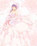  bouquet bridal_veil bride dress fate/stay_night fate_(series) flower gown hair_bun kettle21 matou_sakura purple_hair seiyuu_connection shitaya_noriko solo veil wedding_dress 