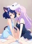  after_kiss animal_ears babydoll bell blush breasts bunny_ears cat_ears cat_tail chuchu_(show_by_rock!!) covered_nipples curly_hair cyan_(show_by_rock!!) eye_contact highres long_hair looking_at_another medium_breasts multiple_girls nose_blush open_mouth purple_hair red_eyes saliva saliva_trail show_by_rock!! sitting smile strap_slip tail takano_natsuki wariza yuri 