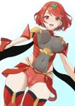  1girl :d absurdres ass_visible_through_thighs breasts covered_navel covered_nipples from_below highres large_breasts looking_at_viewer navel nipples open_mouth panties pomerachi pyra_(xenoblade) red_eyes red_hair red_panties red_thighhighs short_hair short_sleeves simple_background smile solo standing swept_bangs teeth thighhighs tiara tongue underwear upper_teeth_only white_background xenoblade_chronicles_(series) xenoblade_chronicles_2 