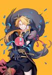  asymmetrical_gloves black_gloves blonde_hair gloves grin hair_over_one_eye istkeinmal long_hair looking_at_viewer male_focus party_popper shishiou shishiou_no_mofumofu simple_background smile solo touken_ranbu yellow_background yellow_eyes 