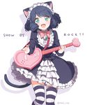  :d animal_ears aqua_eyes bad_id bad_pixiv_id bell black_hair blush cat_ears cat_tail copyright_name curly_hair cyan_(show_by_rock!!) dress gothic_lolita guitar heart_guitar instrument lolita_fashion long_sleeves looking_at_viewer marin_(myuy_3) open_mouth plectrum short_hair show_by_rock!! smile solo strawberry_heart striped striped_legwear tail thighhighs twitter_username 
