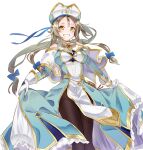  1girl atelier_(series) atelier_firis black_pantyhose blue_bow blue_capelet blue_dress blue_hat bow breasts capelet cleric commentary_request dress feet_out_of_frame firis_mistlud firis_mistlud_(ritual_cleric) gloves gold_trim green_eyes hair_bow hat highres karasumi_(aiseec) long_hair long_sleeves looking_at_viewer medium_breasts official_alternate_costume open_mouth pantyhose simple_background skirt_hold smile solo standing white_background white_gloves 