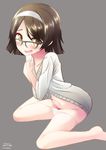  bad_id bad_pixiv_id barefoot bespectacled blunt_ends blush brown_eyes brown_hair dated from_side glasses grey_background hairband kantai_collection looking_at_viewer looking_to_the_side nekobaka no_pants open_mouth panties panty_pull short_hair simple_background sitting solo tanikaze_(kantai_collection) tears twitter_username underwear wariza white_hairband white_panties 
