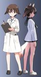  animal_ears brown_eyes brown_hair clipboard closed_labcoat commentary_request doctor dog_ears dog_tail labcoat looking_at_viewer miyafuji_yoshika multiple_persona no_socks older pen school_uniform serafuku shimada_fumikane short_hair smile strike_witches tail what_if world_witches_series 