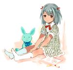  aqua_hair between_legs blush brown_eyes bunny drawing dress frills hair_ornament hair_ribbon hand_between_legs looking_at_viewer no_shoes original plaid plaid_dress ribbon short_hair sitting socks stuffed_animal stuffed_toy tan_(tangent) twintails 