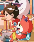  absurdres amano_keita bad_id bad_pixiv_id besuyama brown_eyes brown_hair candy_bar cat chair chocoboo commentary_request controller couch fang game_controller ghost highres indoors jibanyan microwave notched_ear open_mouth pointing purple_lips short_hair sitting table watch whisper_(youkai_watch) wristwatch youkai youkai_watch youkai_watch_(object) 