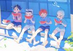  4boys aged_down annsmow architecture artist_name barefoot black_hair blue_shirt blurry blush_stickers bokuto_koutarou brown_eyes child closed_mouth depth_of_field east_asian_architecture eating food fruit grey_hair haikyuu!! highres hinata_shouyou holding holding_food hoshiumi_kourai leaf male_focus multicolored_hair multiple_boys nishinoya_yuu on_bench open_mouth orange_hair pink_shirt plate shadow shirt short_hair short_sleeves shorts sitting smile sparkle streaked_hair teeth translation_request twitter_username watermelon watermelon_slice yellow_eyes 