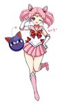 ;d bishoujo_senshi_sailor_moon boots bow brooch chibi_usa choker double_bun elbow_gloves full_body gloves hair_ornament hairpin hand_on_hip jewelry knee_boots luna-p magical_girl one_eye_closed open_mouth pink_choker pink_footwear pink_hair pink_sailor_collar pink_skirt pleated_skirt red_bow red_eyes sailor_chibi_moon sailor_collar sailor_senshi_uniform shainea short_hair skirt smile solo standing standing_on_one_leg tiara toy twintails v white_background white_gloves 