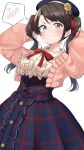  1girl absurdres aqua_eyes aran_sweater beret black_hair blue_hat blue_skirt blush bow bowtie cable_knit center_frills closed_mouth collared_shirt commentary_request frilled_shirt frilled_shirt_collar frilled_skirt frills hands_up hat high-waist_skirt highres holding holding_own_hair hololive long_hair long_sleeves looking_at_viewer official_alternate_costume official_alternate_hairstyle okome_0628 oozora_subaru oozora_subaru_(casual) pink_sweater plaid_clothes plaid_skirt red_bow red_bowtie red_ribbon ribbon shirt shirt_tucked_in simple_background skirt solo speech_bubble spoken_blush sweater swept_bangs twintails v-shaped_eyebrows virtual_youtuber white_background white_shirt 