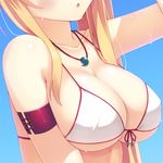  arm_strap arm_up bikini blonde_hair blue_background breasts cleavage close-up collarbone front-tie_bikini front-tie_top head_out_of_frame jewelry large_breasts long_hair magatama necklace original parted_lips simple_background solo sweat swimsuit upper_body white_bikini yuzu_modoki 