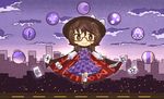  akihiyo brown_eyes brown_hair cape chibi cityscape clothes_writing cloud glasses hat highres kneehighs low_twintails occult_ball plaid red-framed_eyewear school_uniform sky smile solo star_(sky) starry_sky touhou twintails usami_sumireko white_legwear zener_card 