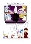  &gt;_&lt; angel_wings blonde_hair blue_eyes blue_hair closed_eyes comic gengetsu hat highres kanimiso mai_(touhou) maid maid_headdress mugetsu multiple_girls purple_eyes purple_hair ribbon robe sara_(touhou) shinki smile touhou touhou_(pc-98) translation_request white_hair wings yellow_eyes yuki_(touhou) yumeko 