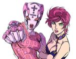  bad_id bad_pixiv_id breasts choker cleavage clenched_hand dated green_eyes jojo_no_kimyou_na_bouken lipstick makeup medium_breasts muyoucun open_mouth pink_hair pink_lipstick signature spice_girl_(stand) stand_(jojo) strap trish_una vento_aureo 