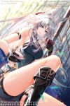  1girl aminww_amingming animal_ear_fluff animal_ears arm_strap artist_name bare_shoulders black_footwear black_gloves black_shorts blue_shirt blurry blurry_background breasts chinese_commentary commentary_request cup dutch_angle feixiao_(honkai:_star_rail) forehead_jewel fox_ears fox_girl gloves green_eyes hair_intakes highres holding holding_cup honkai:_star_rail honkai_(series) knee_up large_breasts long_hair looking_at_viewer no_coat parted_bangs partial_commentary shirt shorts smile solo very_long_hair white_hair 