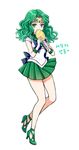  bare_legs bishoujo_senshi_sailor_moon blue_bow bow brooch choker deep_aqua_mirror full_body gloves green_eyes green_footwear green_hair green_skirt high_heels jewelry kaiou_michiru no_socks pleated_skirt pumps sailor_collar sailor_neptune sailor_senshi_uniform shainea shoes short_hair skirt solo standing strappy_heels tiara wavy_hair white_background white_gloves 