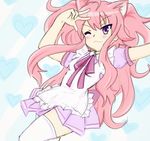  1girl animal_ears cat_ears female long_hair nyanners nyanners_(artist) official_art parody pink_hair purple_eyes solo wavy_hair 